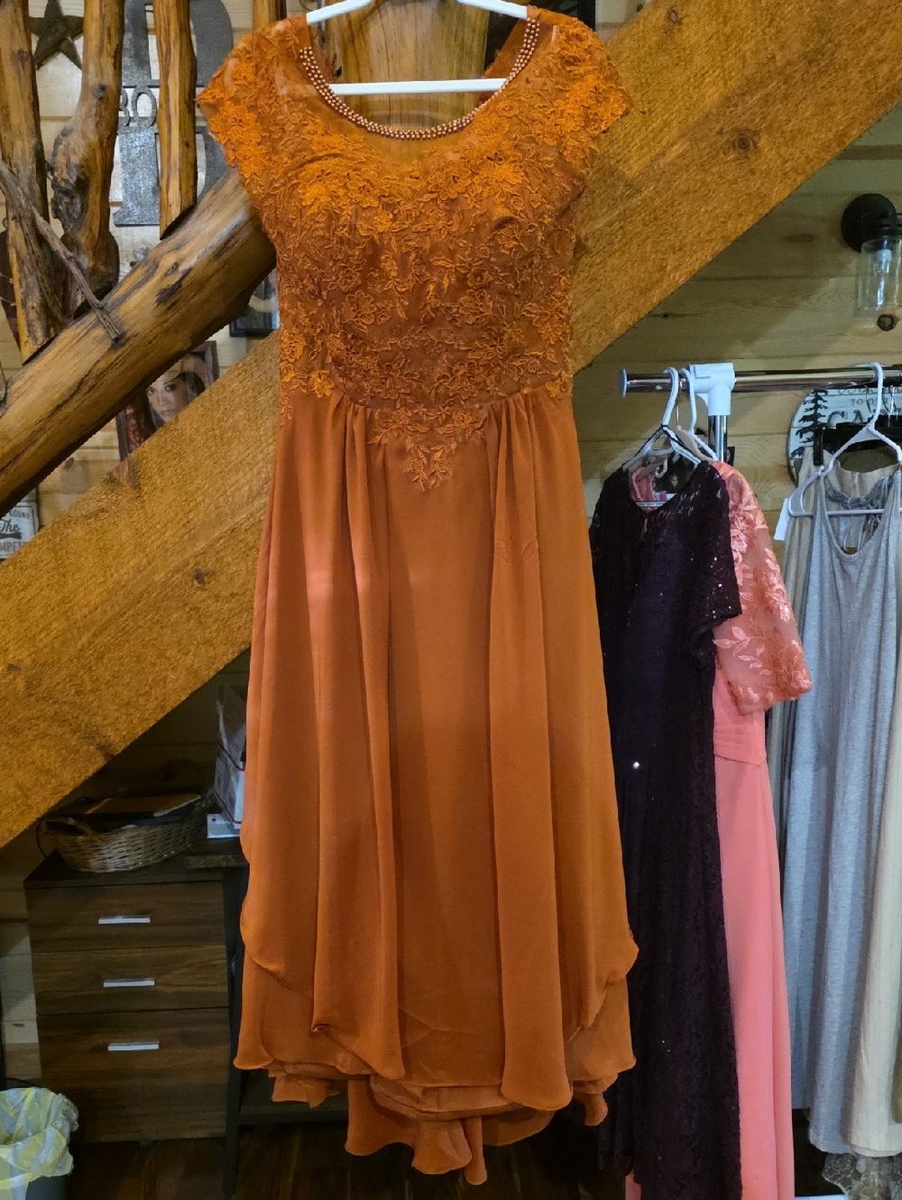Elegant Rust Color Lace Overlay Evening Dress. New Never Worn.